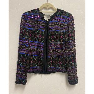 Papell Boutique Evening Black Jacket Silk Bead Sequin Size Medium Used